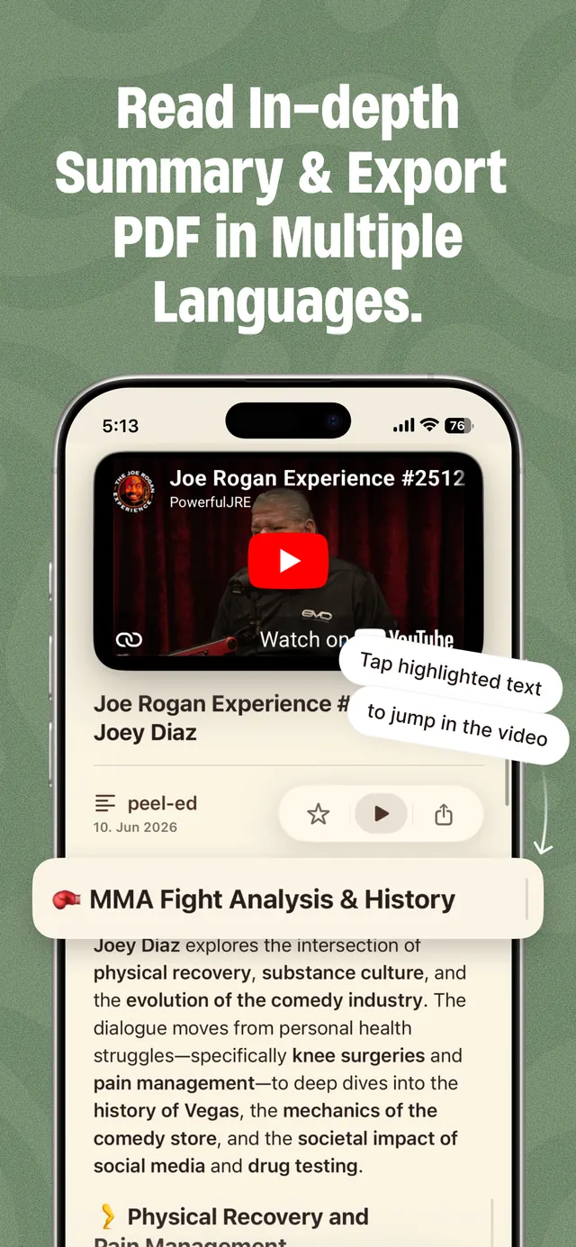 peel-ed detailed summary with a highlighted section linked to the original video